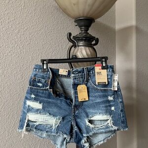 Levi's 501 High-Rise Distressed Denim Shorts - Blue Wash